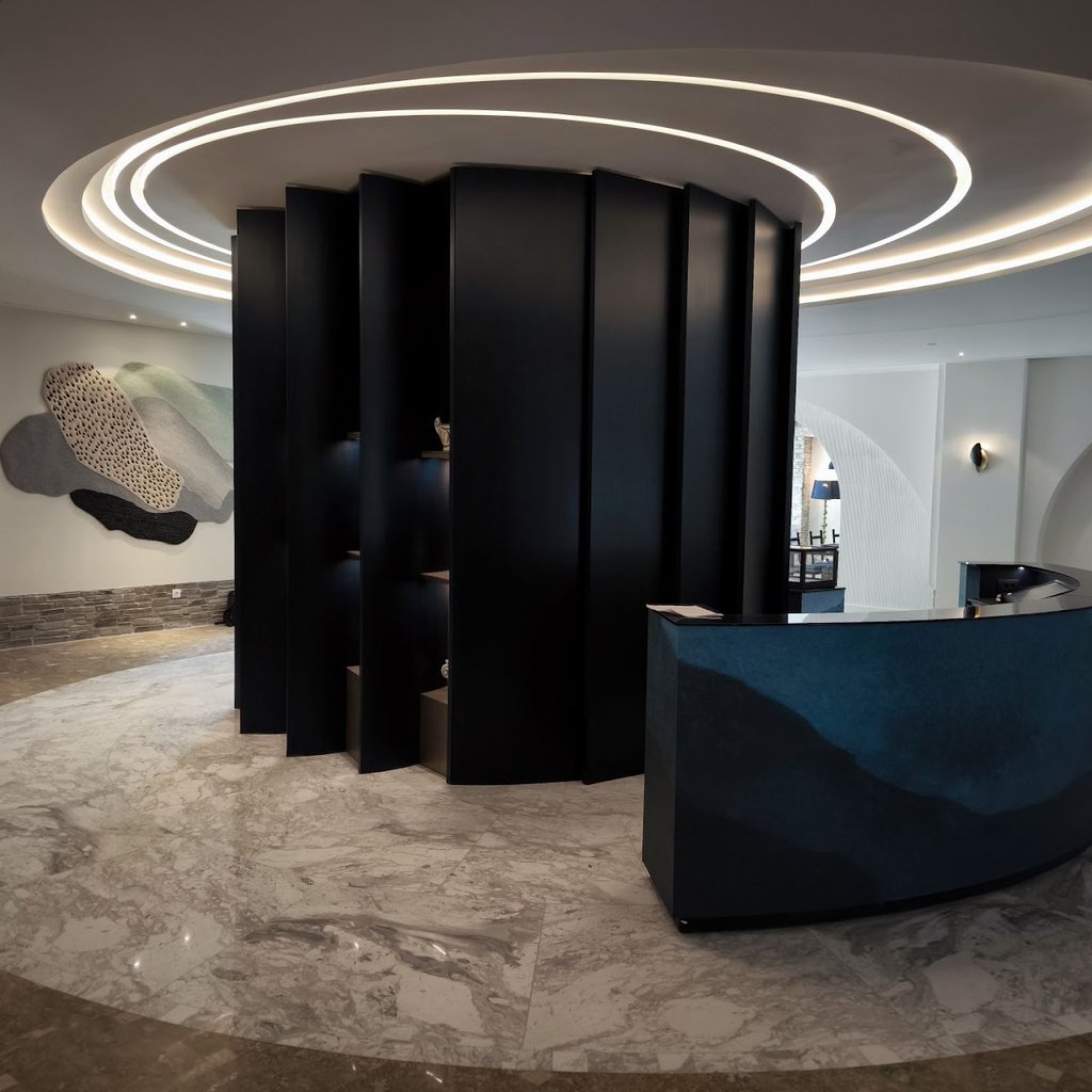 Reception Desk καπλαμά ALPI Teal Blue 13.13 με μεταλλικό σκελετό & γυάλινη επιφάνεια