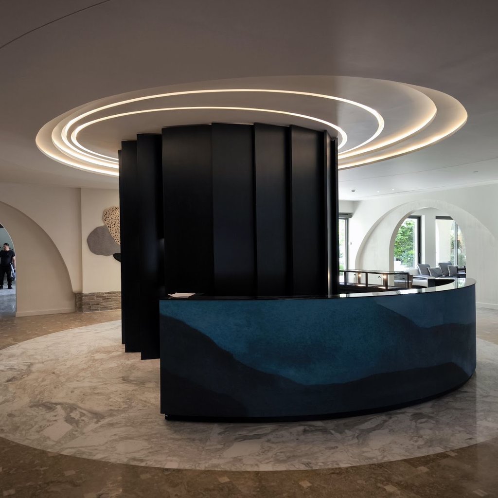 Reception Desk καπλαμά ALPI Teal Blue 13.13 με μεταλλικό σκελετό & γυάλινη επιφάνεια