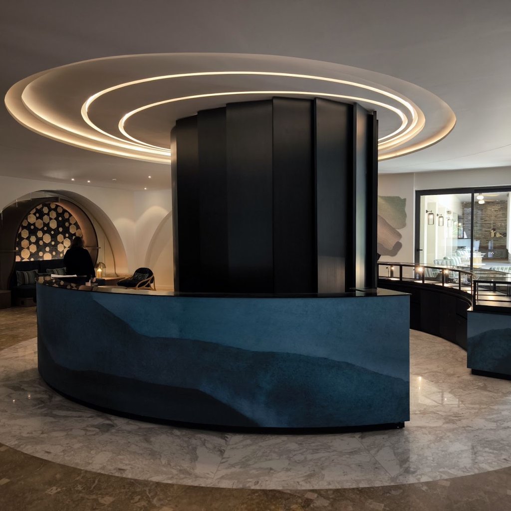Reception Desk καπλαμά ALPI Teal Blue 13.13 με μεταλλικό σκελετό & γυάλινη επιφάνεια